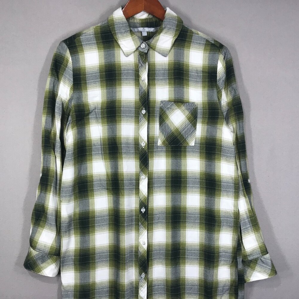 Heart N Crush Shirt Women Large Green Plaid Tunic Button Up Roll Tab Long Sleeve